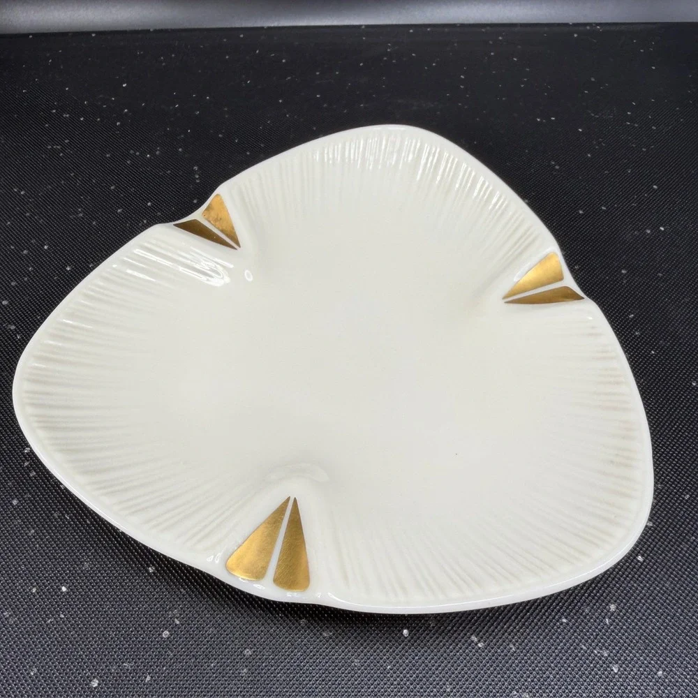 Lenox Vintage Porcelain Triangular Ashtray Trinket Dish Gold Trim Ivory‎ Cream